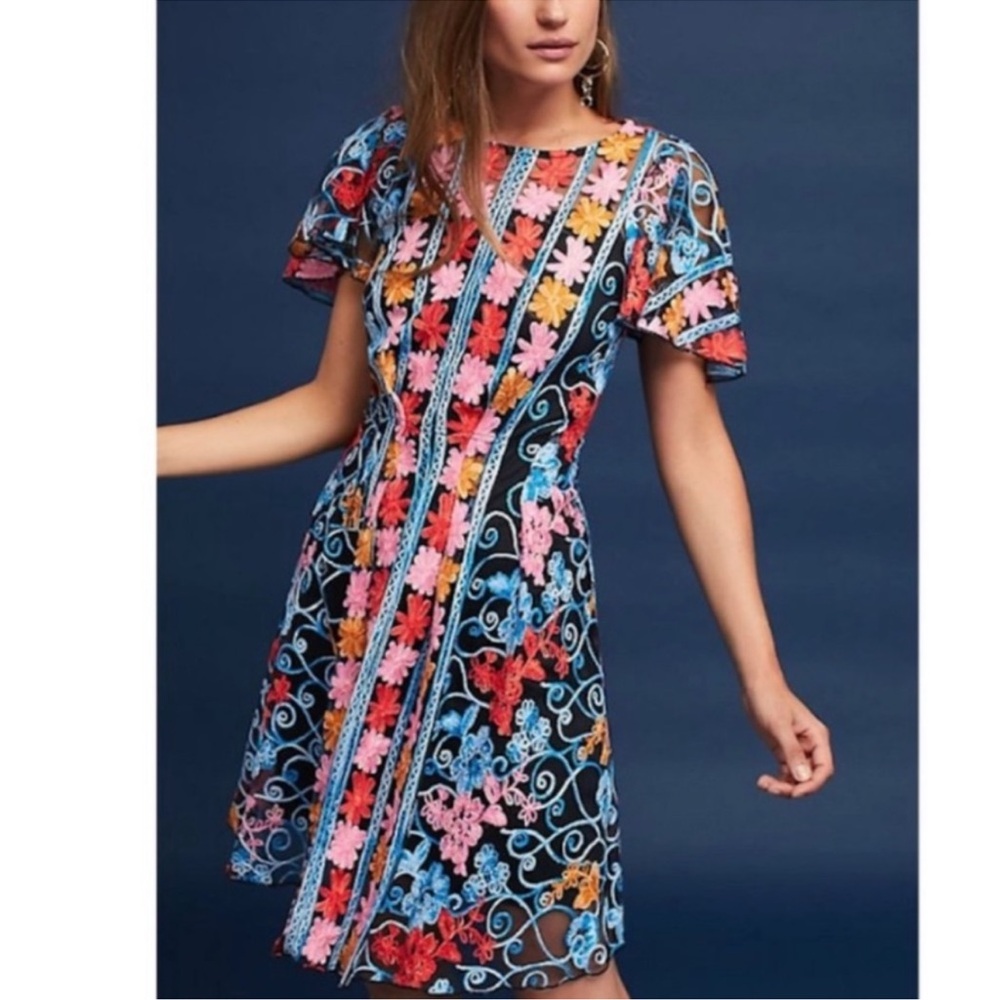 Eva Franco Multicolored Sheath Midi Dress with Flutter Sleeves